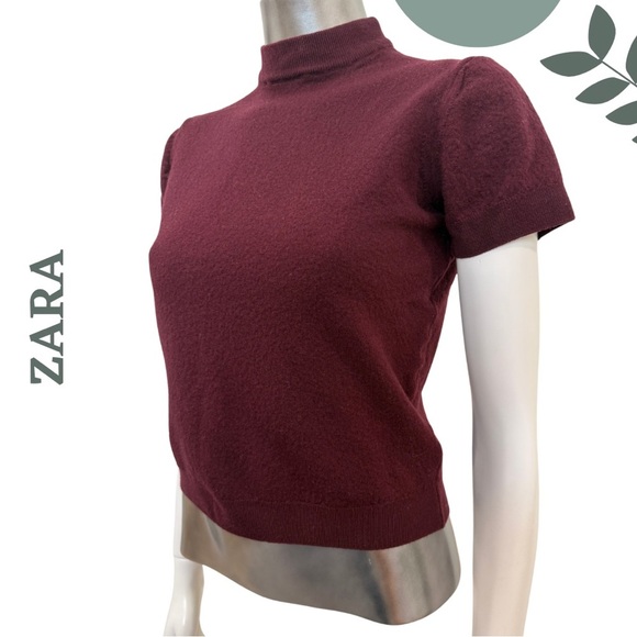 🛍️3/$40 ZARA Burgundy Wool Mock Neck Knit Top Short Sleeve – Size M - Picture 3 of 6